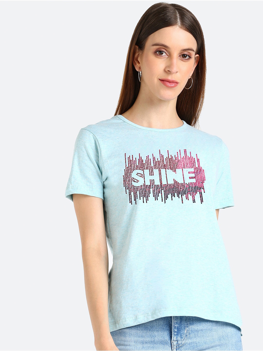 

shashvi Women Turquoise Blue Embellished Round Neck T-shirt