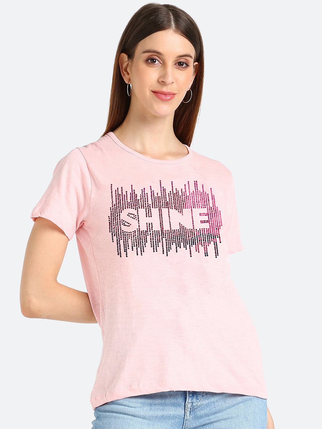 

shashvi Women Pink Embellished Printed Round Neck T-shirt