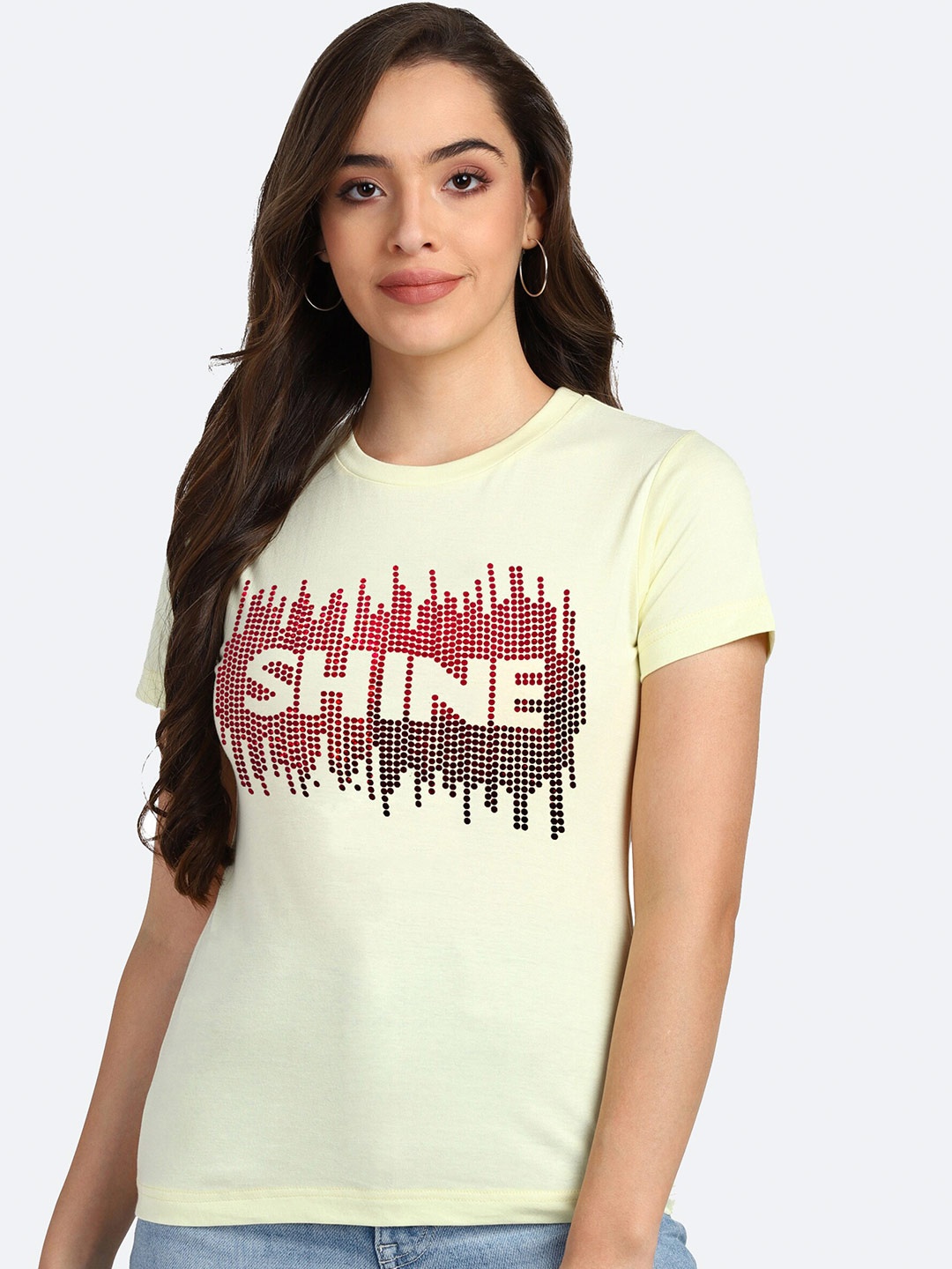 

shashvi Women Yellow Typography Printed Cotton T-shirt