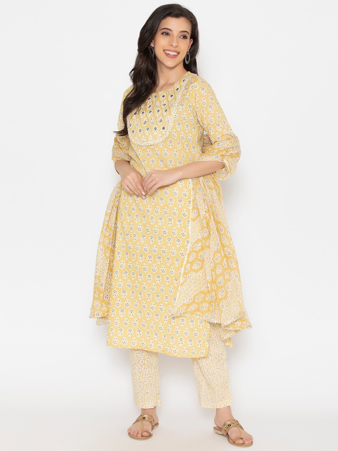 

KALINI Women Yellow Floral Printed Thread Work Pure Cotton Kurta with Trousers & With Dupatta
