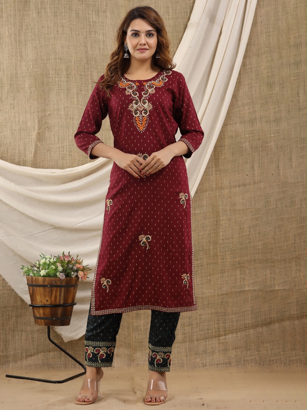 

KALINI Women Maroon Ethnic Motifs Embroidered Thread Work Kurta with Trousers & With Dupatta