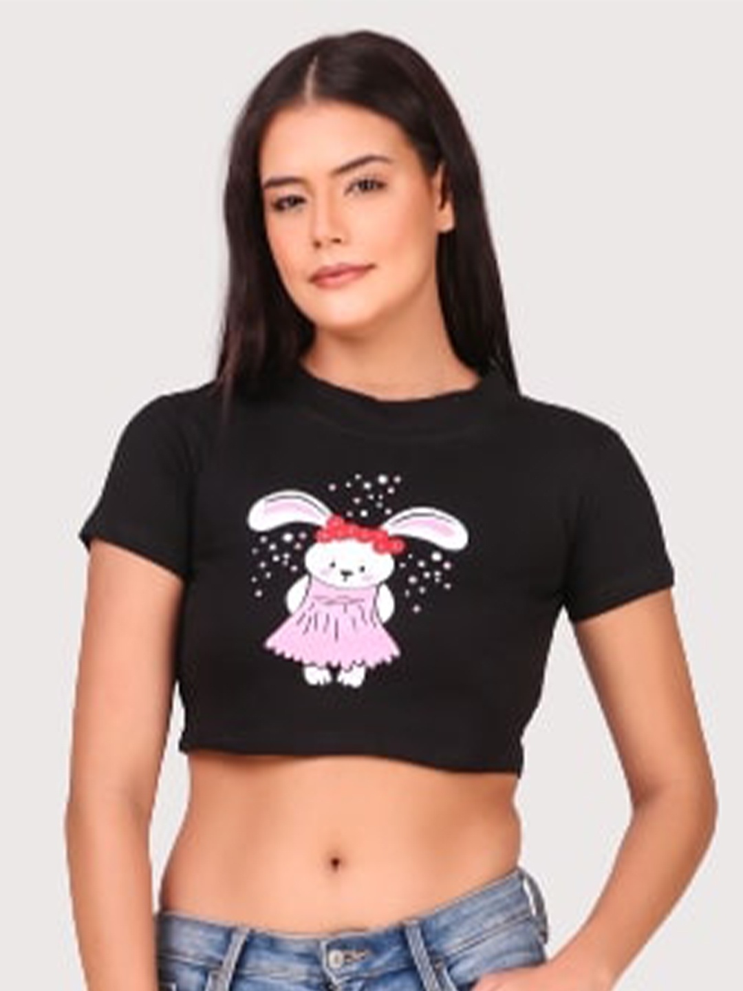 

TRENDY RABBIT Women Black & Pink Print Crop Top