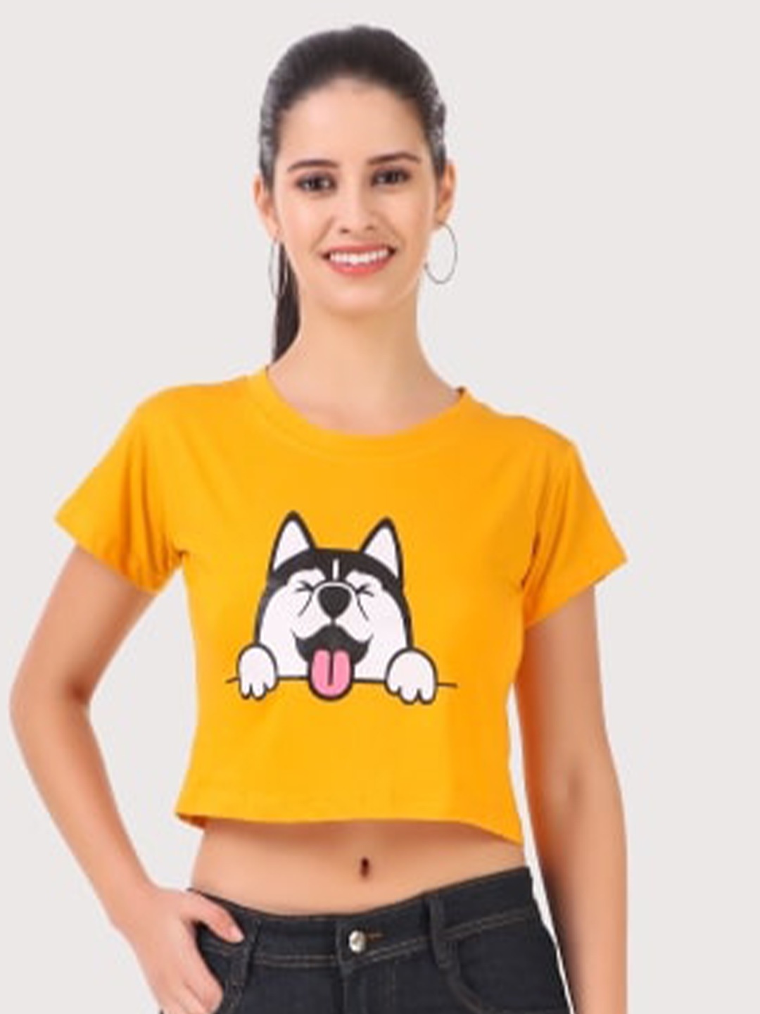

TRENDY RABBIT Mustard Yellow Printed Pure Cotton Crop Top