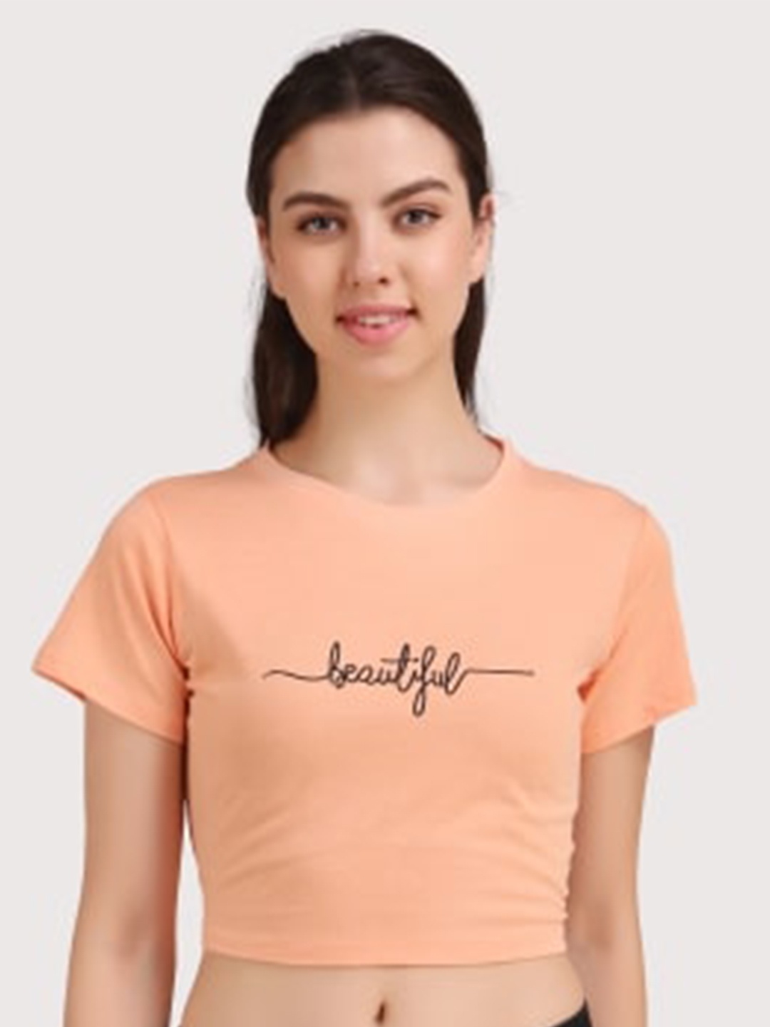 

TRENDY RABBIT Women Peach-Coloured Typography Print Cotton Crop Top