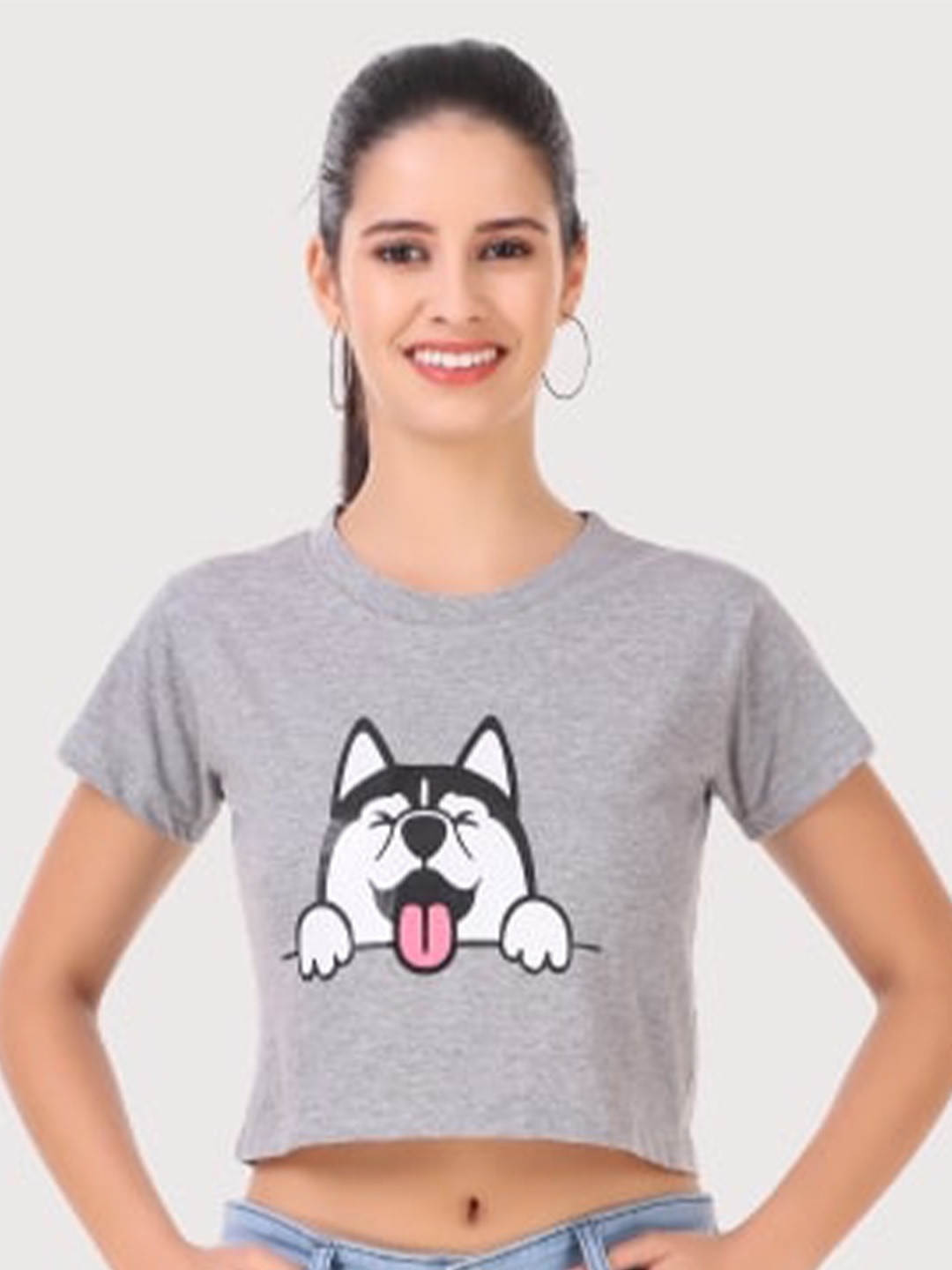 

TRENDY RABBIT Women Grey Graphic Print Crop Top