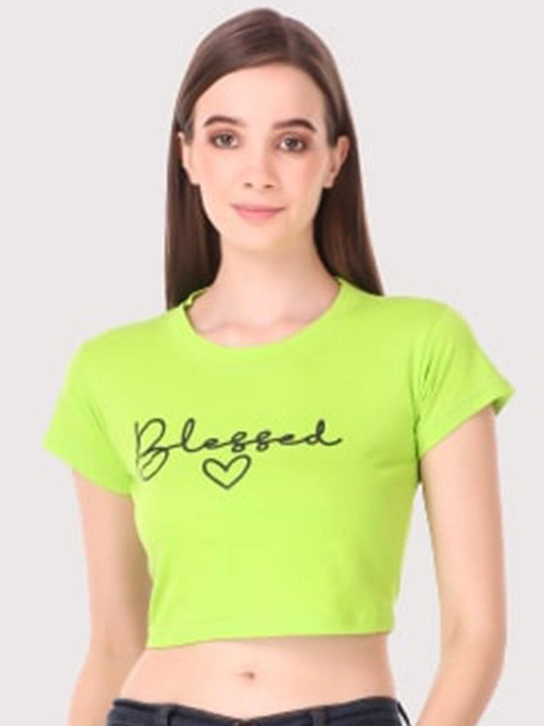 

TRENDY RABBIT Women Green Typography Printed Pure Cotton Bio Finish Crop T-shirt