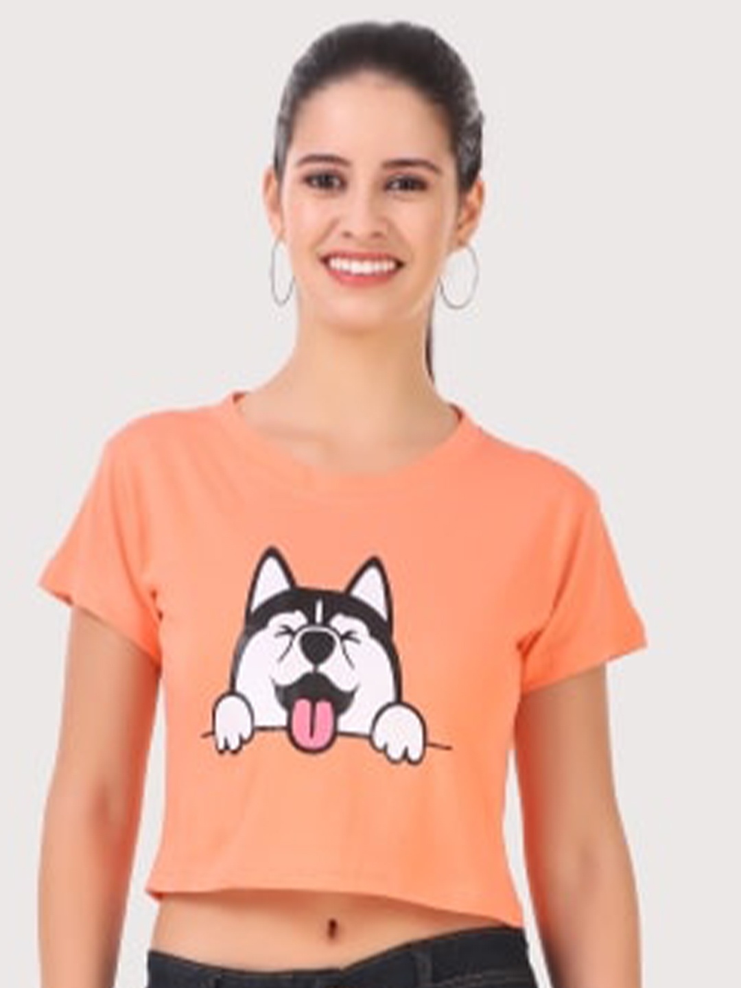 

TRENDY RABBIT Women Peach-Coloured Print Placement Print Crop Top