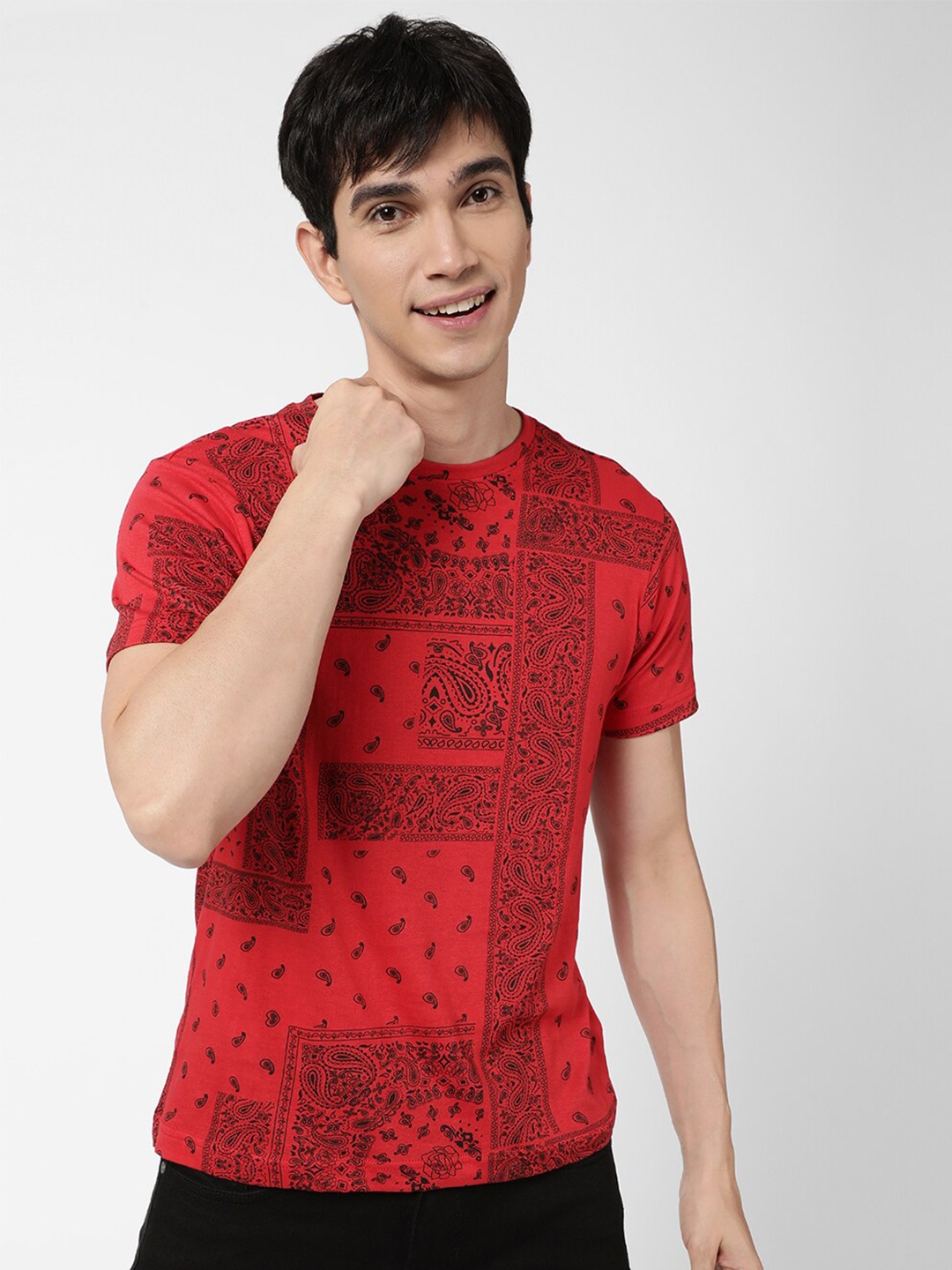 

VASTRADO Men Red & Black Ethnic Printed Cotton T-shirt