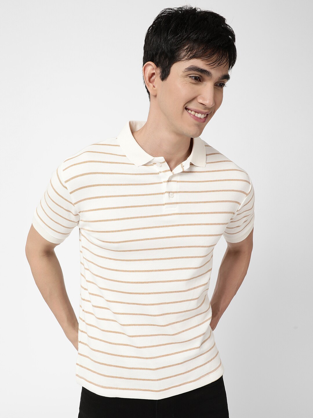 

VASTRADO Men Off White Striped Polo Collar T-shirt