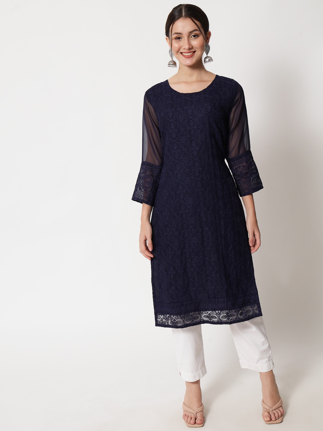 

VAIRAGEE Women Navy Blue Geometric Bell Sleeves Georgette Kurta