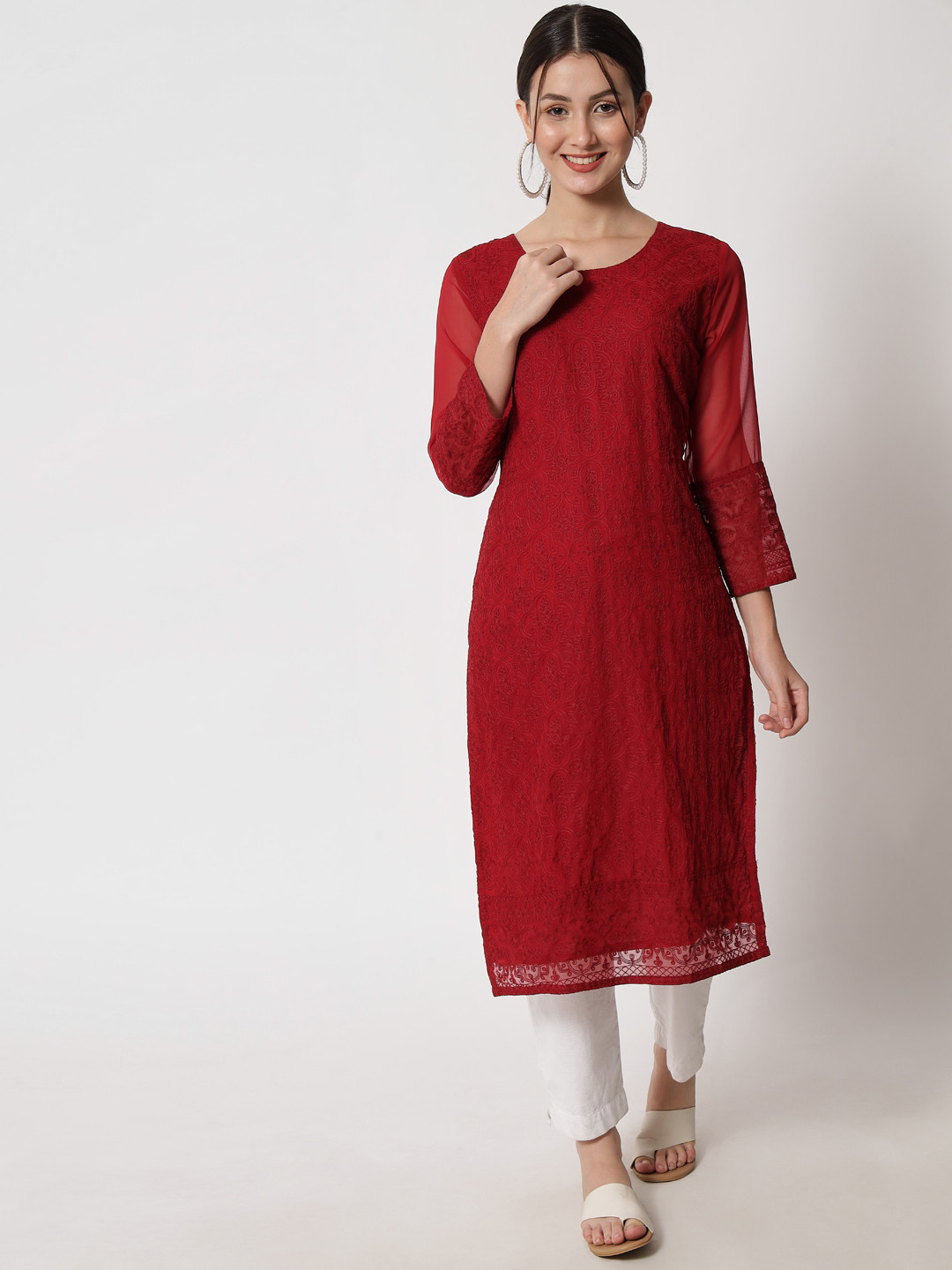 

VAIRAGEE Women Red Ethnic Motifs Thread Work Georgette Kurta