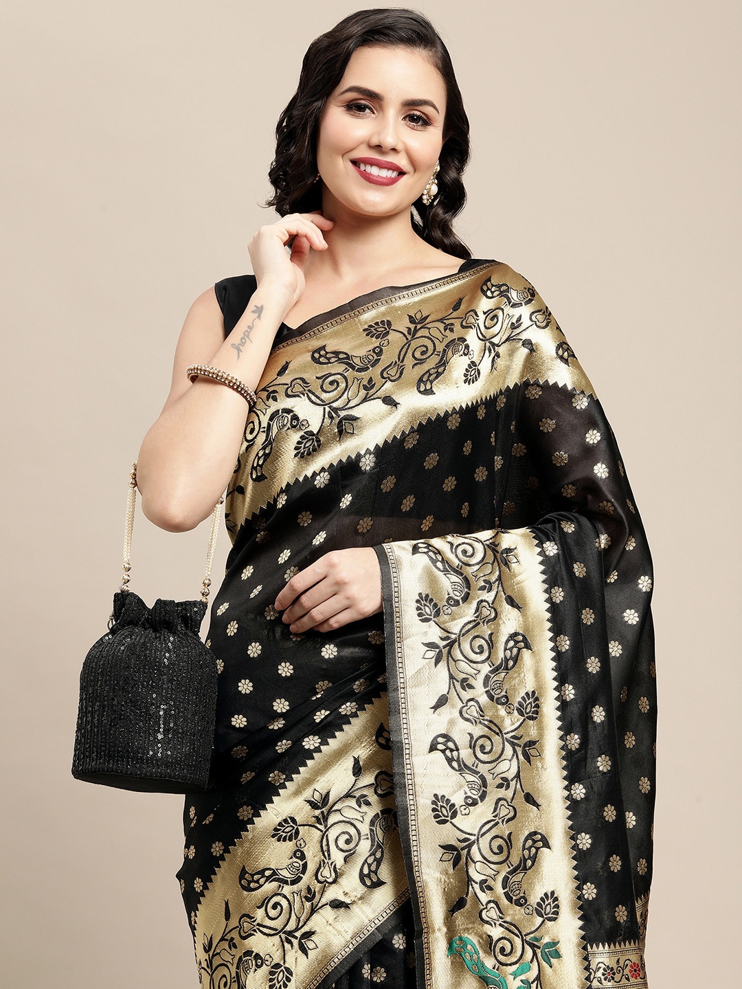 

Saree mall Black & Gold-Toned Woven Design Zari Silk Blend Paithani Sarees
