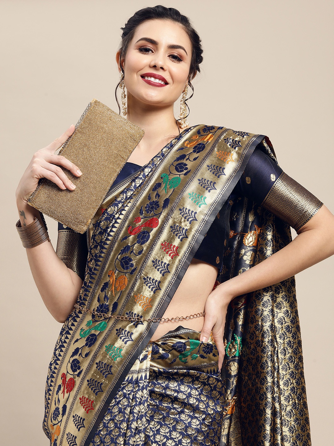 

Saree mall Navy Blue & Gold-Toned Woven Design Zari Silk Blend Paithani Sarees