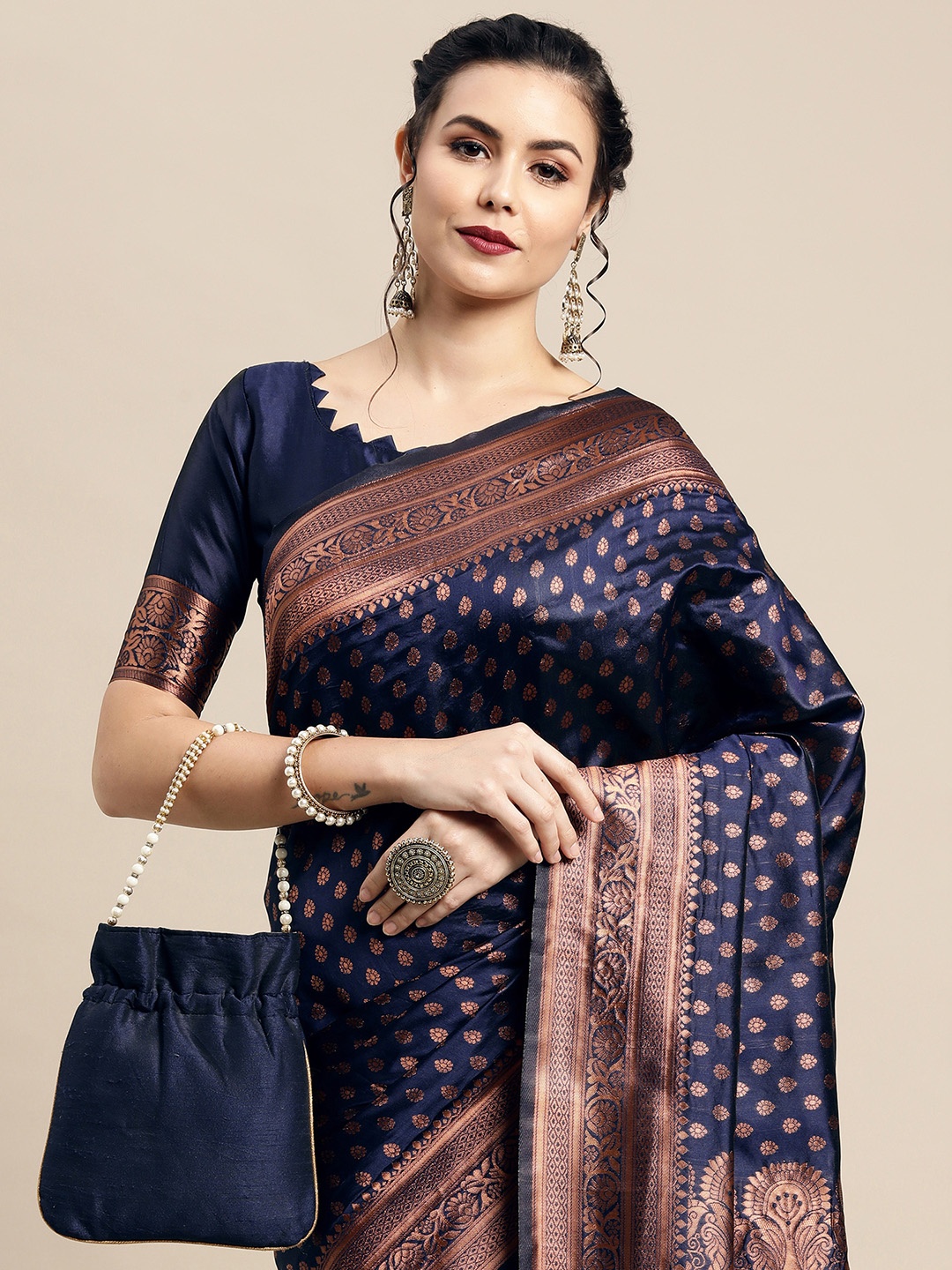 

Saree mall Navy Blue & Copper-Toned Woven Design Zari Silk Blend Banarasi Sarees