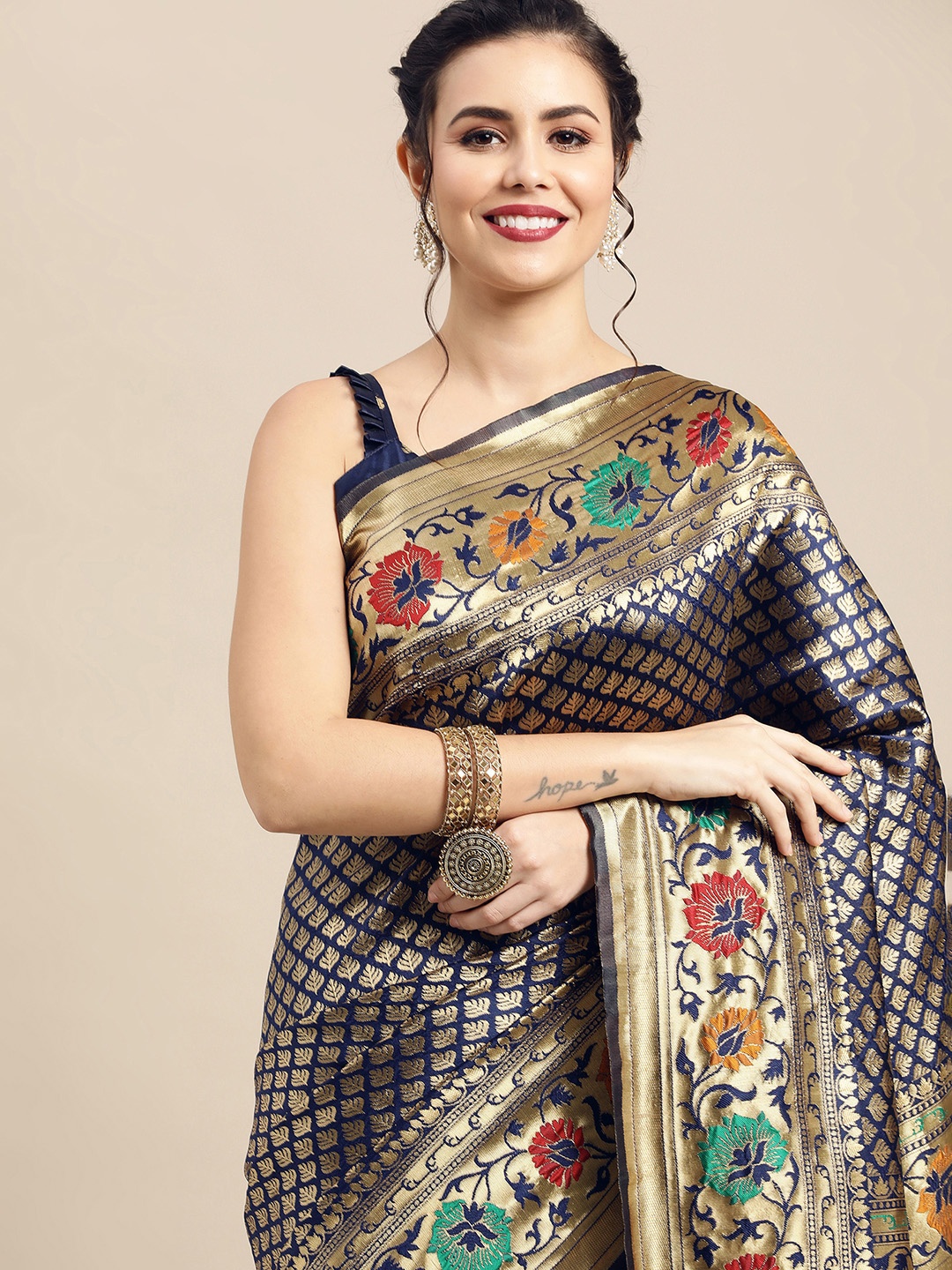 

Saree mall Navy Blue & Green Woven Design Zari Silk Blend Kanjeevaram Sarees