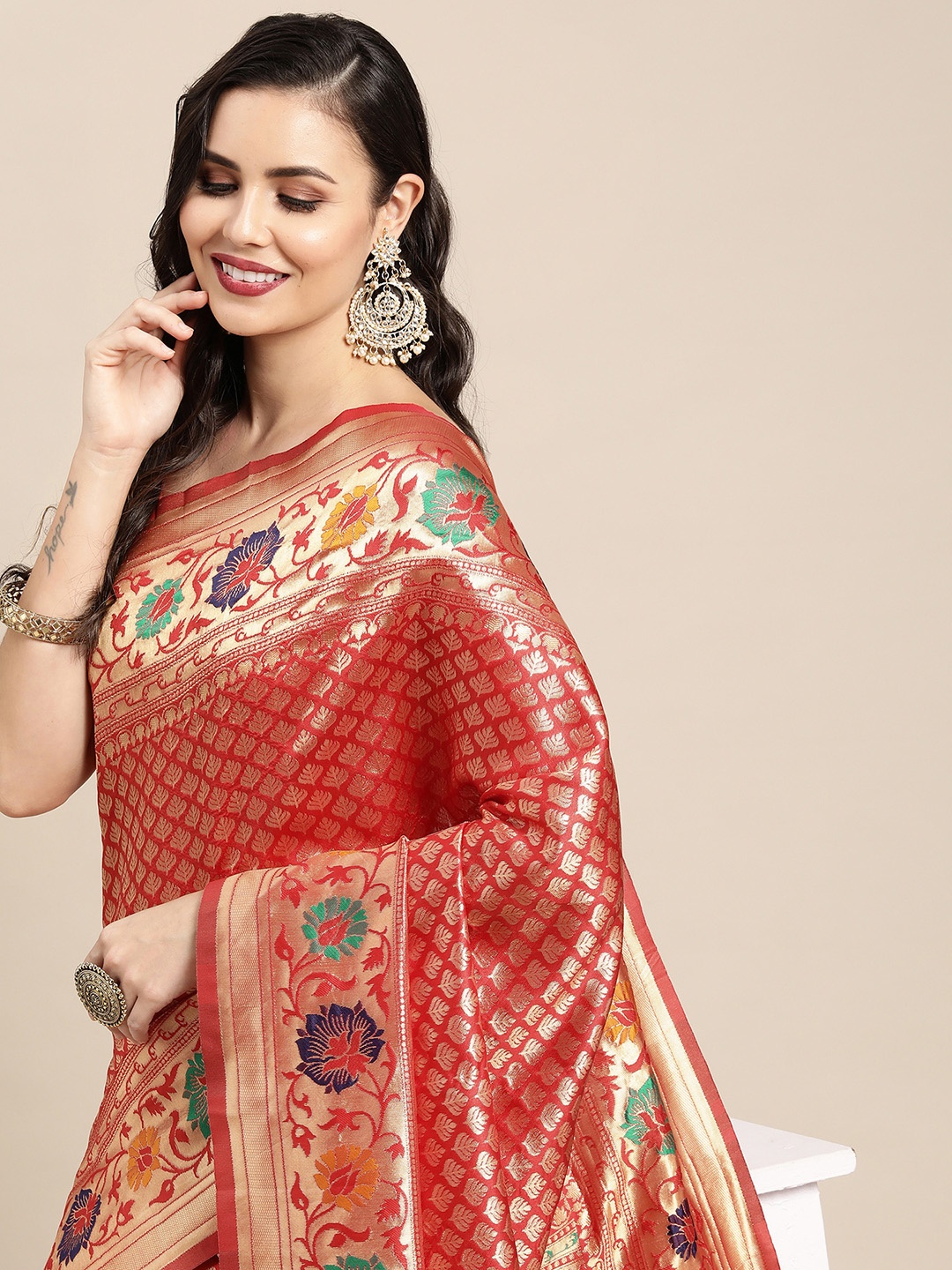

Saree mall Red & Blue Ethnic Motifs Zari Silk Blend Kanjeevaram Sarees