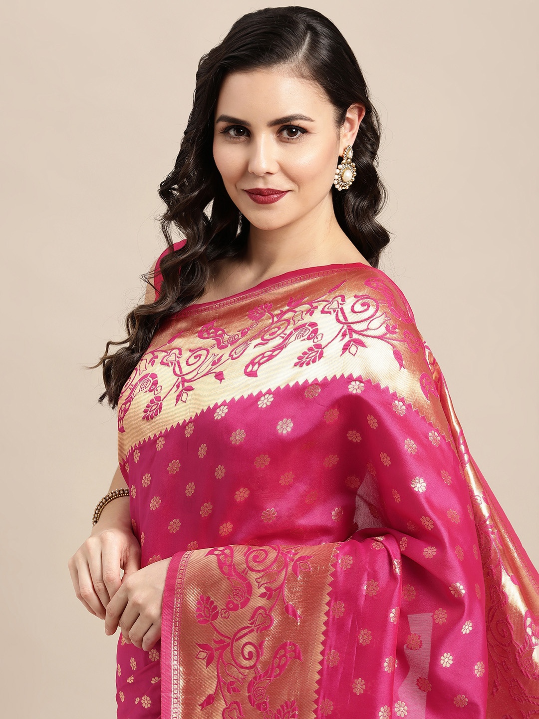 

Saree mall Pink & Gold-Toned Woven Design Zari Silk Blend Paithani Sarees