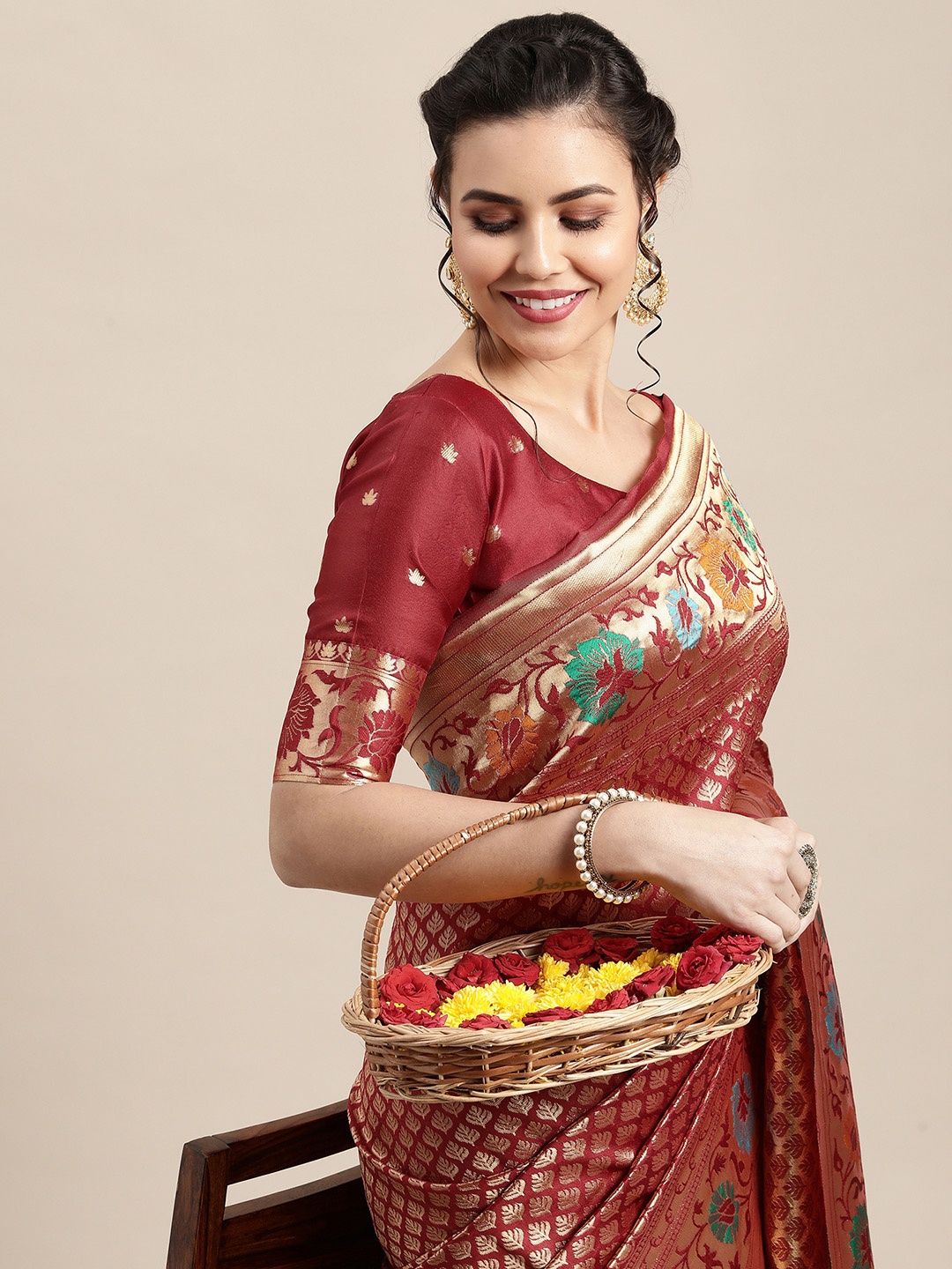 

Saree mall Women Maroon & Green Woven Design Zari Silk Blend Kanjeevaram Sarees