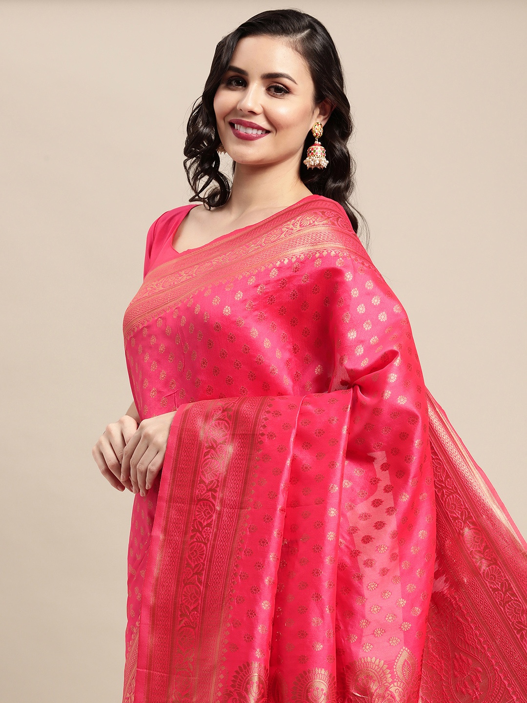 

Saree mall Pink & Gold-Toned Woven Design Zari Silk Blend Banarasi Sarees
