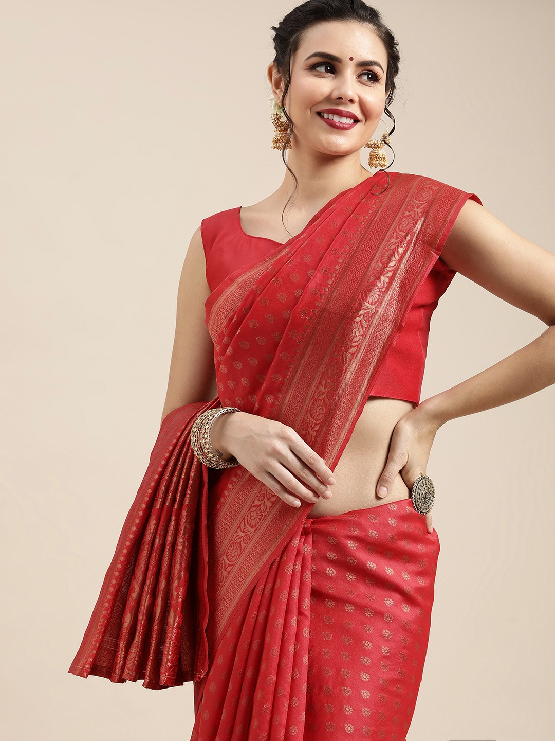 

Saree mall Red & Gold-Toned Ethnic Motifs Zari Silk Blend Banarasi Sarees