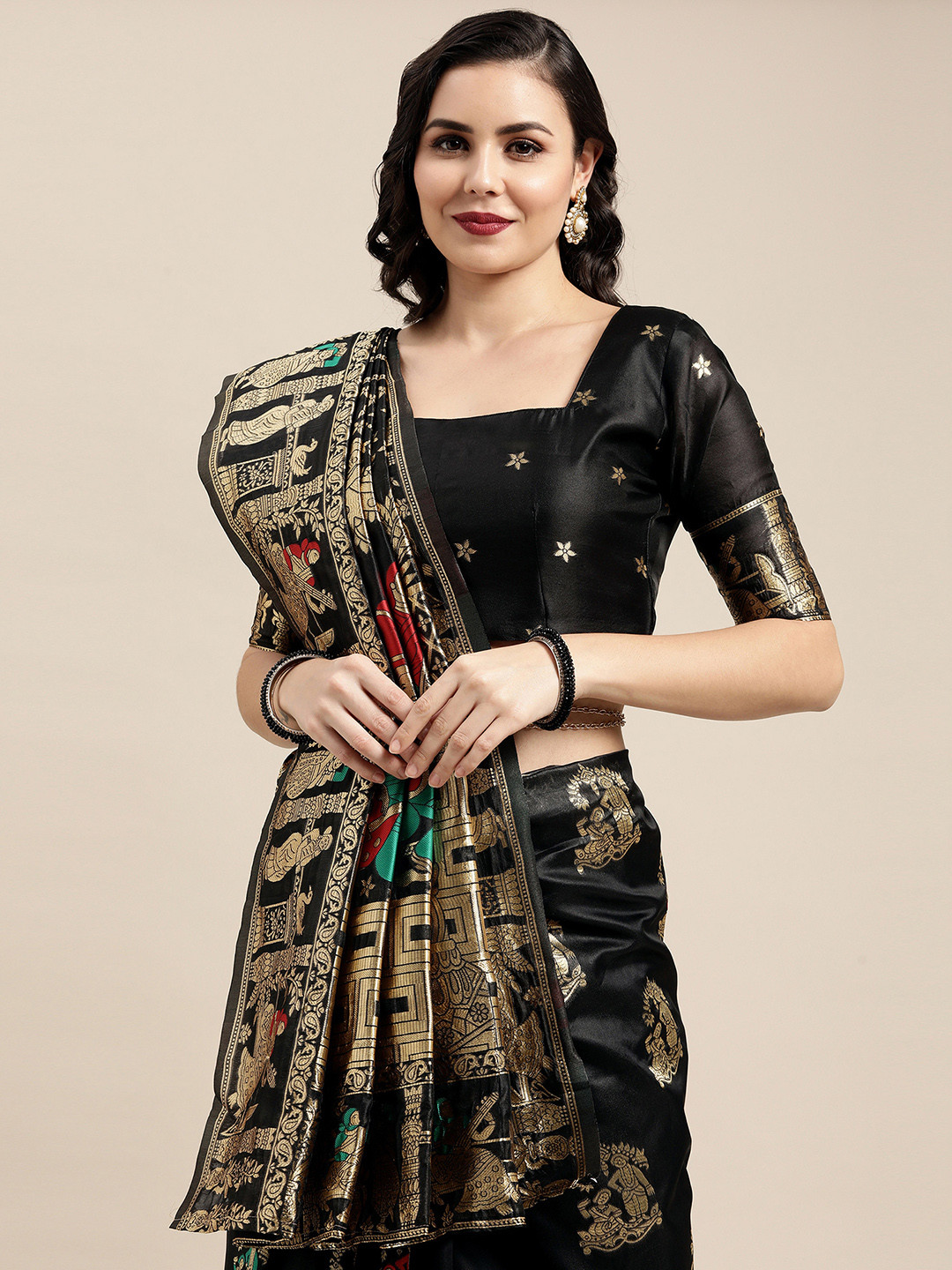 

Saree mall Black & Gold-Toned Woven Design Zari Silk Blend Baluchari Sarees
