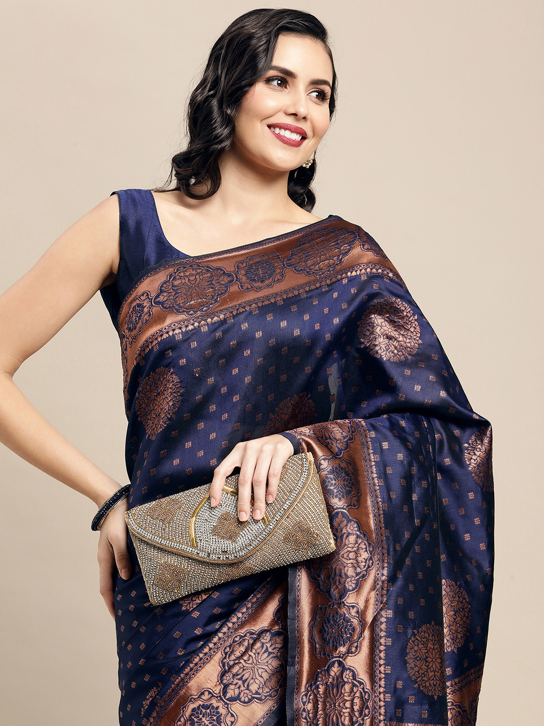

Saree mall Navy Blue & Bronze-Toned Ethnic Motifs Zari Silk Blend Banarasi Sarees