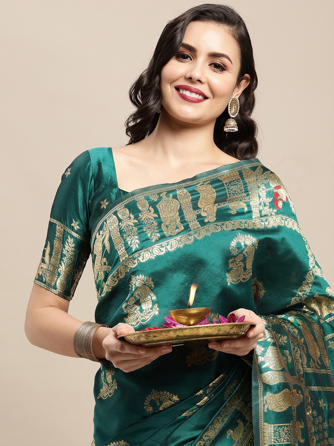 

Saree mall Teal & Red Ethnic Motifs Zari Silk Blend Baluchari Sarees
