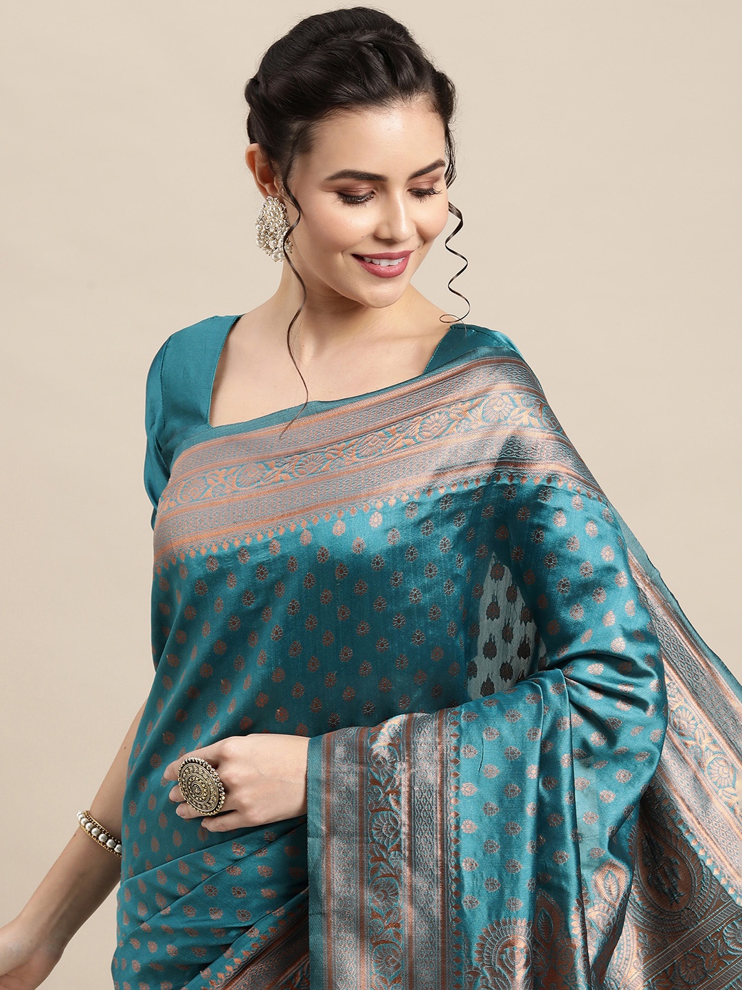 

Saree mall Women Teal & Copper-Toned Paisley Zari Silk Blend Banarasi Sarees