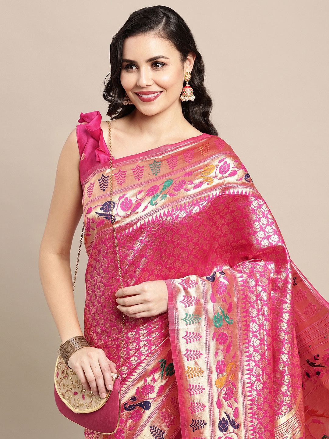 

Saree mall Pink & Green Woven Design Zari Silk Blend Sarees