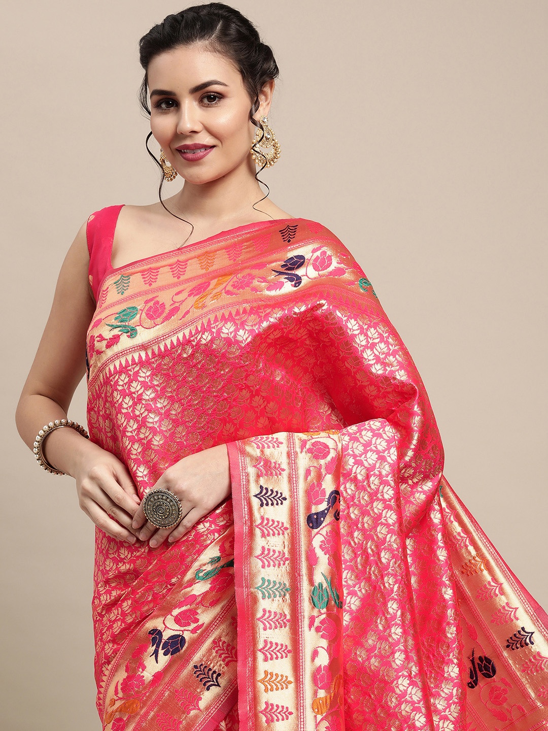 

Saree Mall Pink & Green Woven Design Zari Silk Blend Paithani Sarees