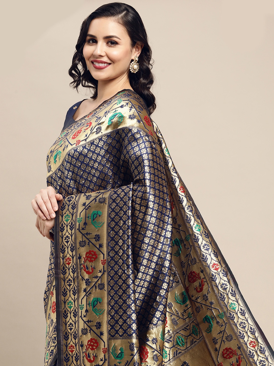 

Saree mall Navy Blue & Red Ethnic Motifs Zari Silk Blend Paithani Sarees