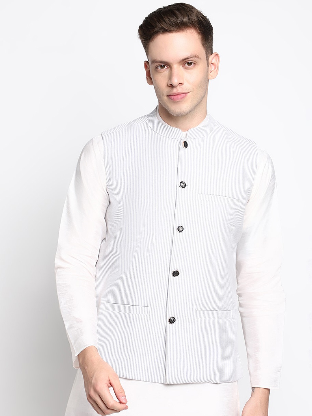 

DEVOILER Men Grey Angrakha Kurta with Pyjamas