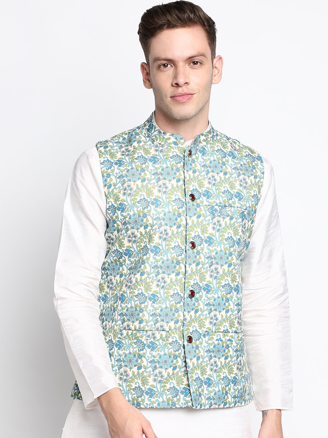 

DEVOILER Men Turquoise Blue & White Kurta with Pyjamas and Nehru Jacket