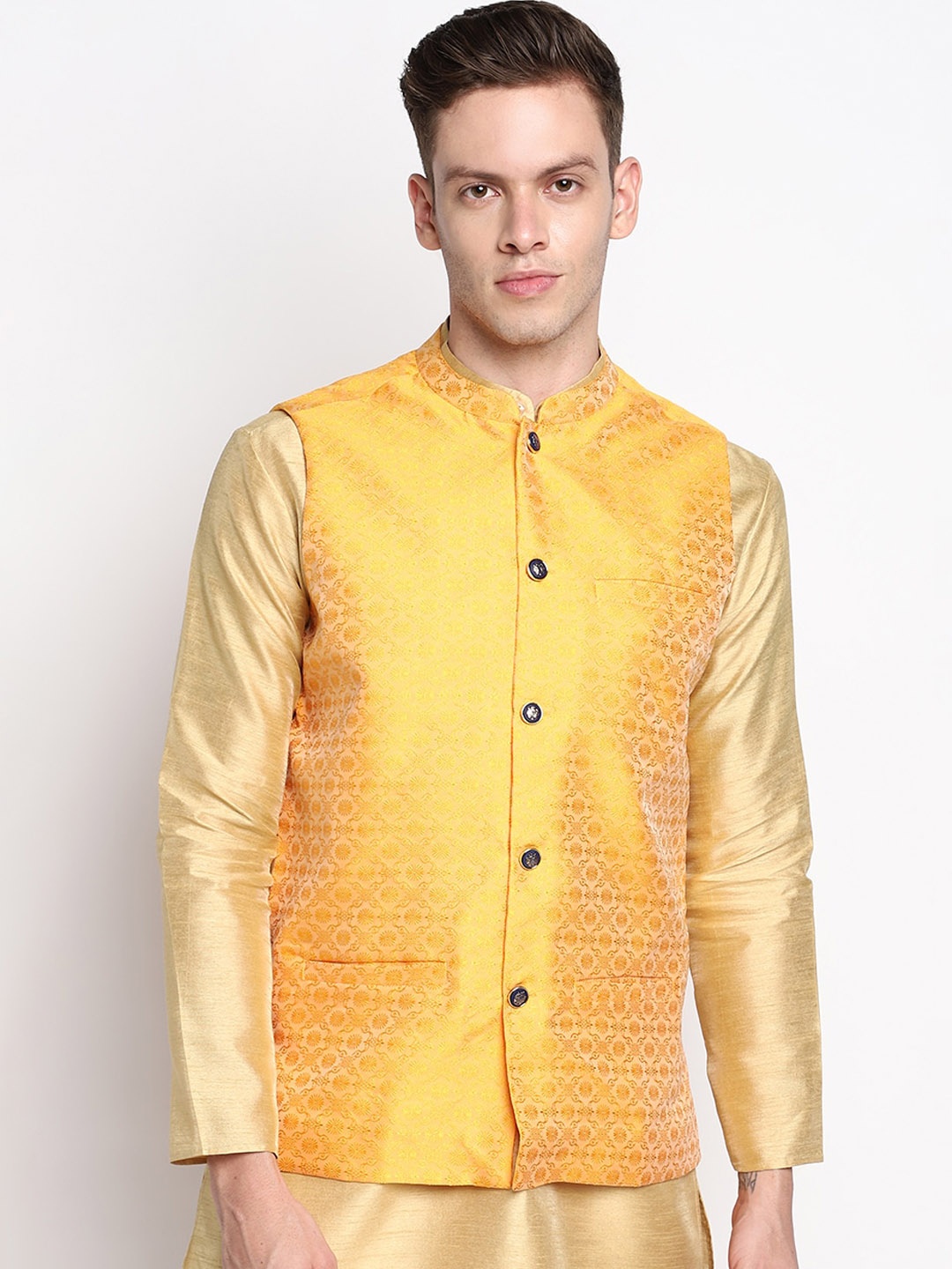 

DEVOILER Men Orange Ethnic Motifs Kurta with Pyjamas And Nehru jacket set