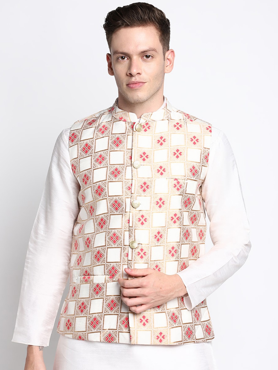 

DEVOILER Men Beige Embroidered Pleated Pure Silk Kurti with Pyjamas & With Dupatta