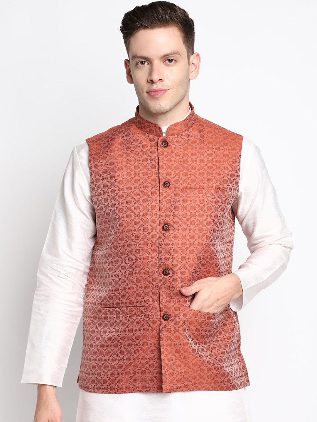 

DEVOILER Men Red Kurta with Pyjama and Printed Nehru Jacket Set