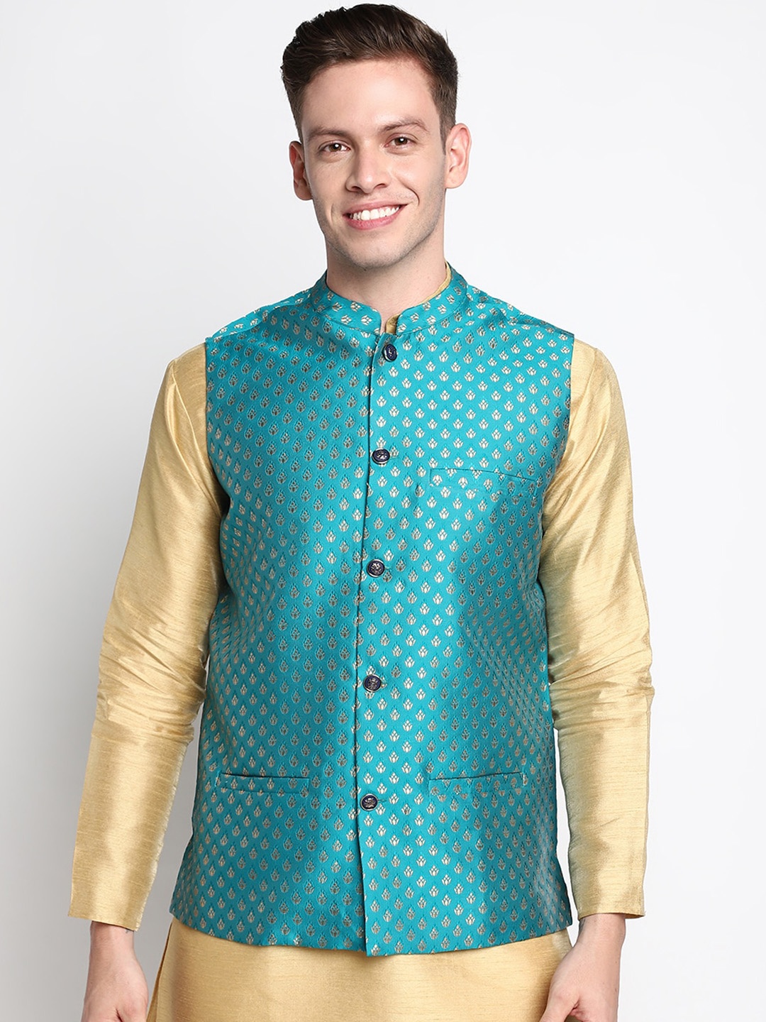 

DEVOILER Men Turquoise Blue Ethnic Motifs Kurta with Pyjamas