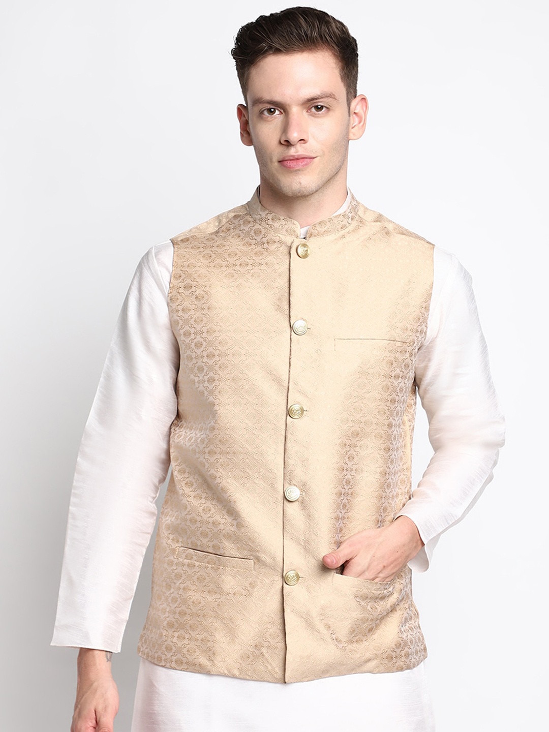 

DEVOILER Men Beige Kurti with Pyjamas And Nehru jacket set