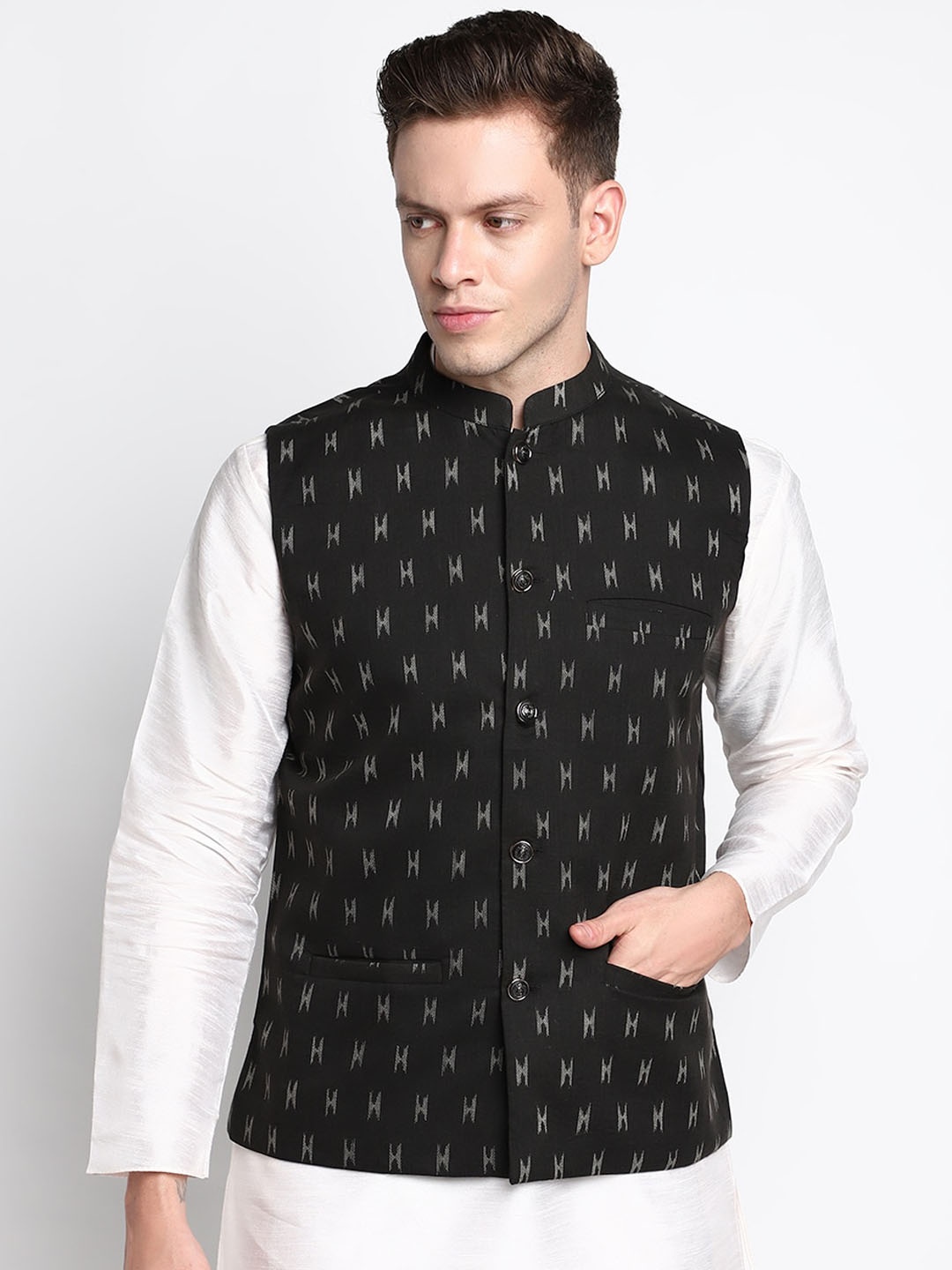 

DEVOILER Men Black Nehru jacket Kurta Set