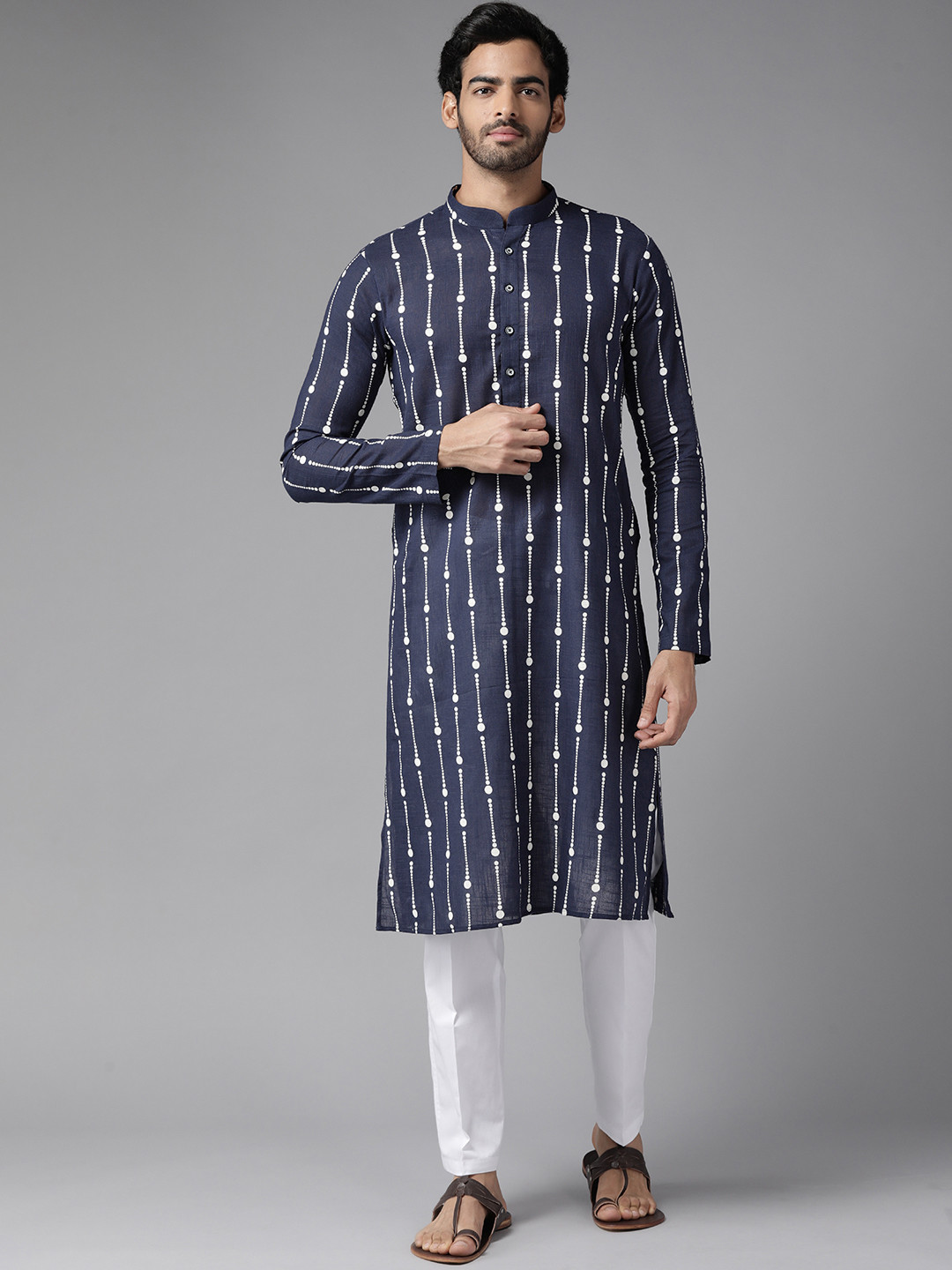 

See Designs Men Navy Blue Ethnic Motifs Printed Pure Cotton Kurta with Pyjamas