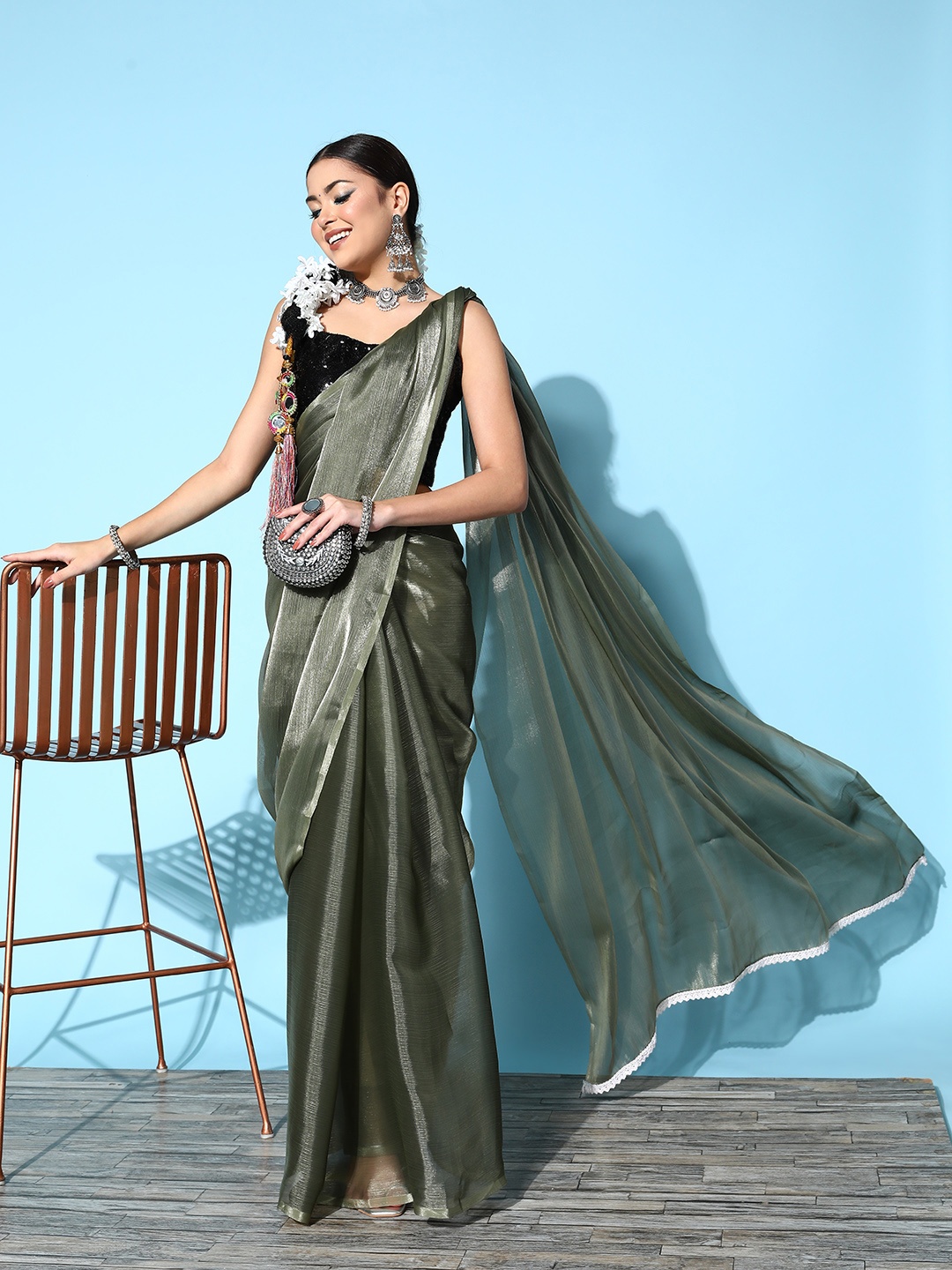 

Saree mall Solid Saree with Embellished border, Olive