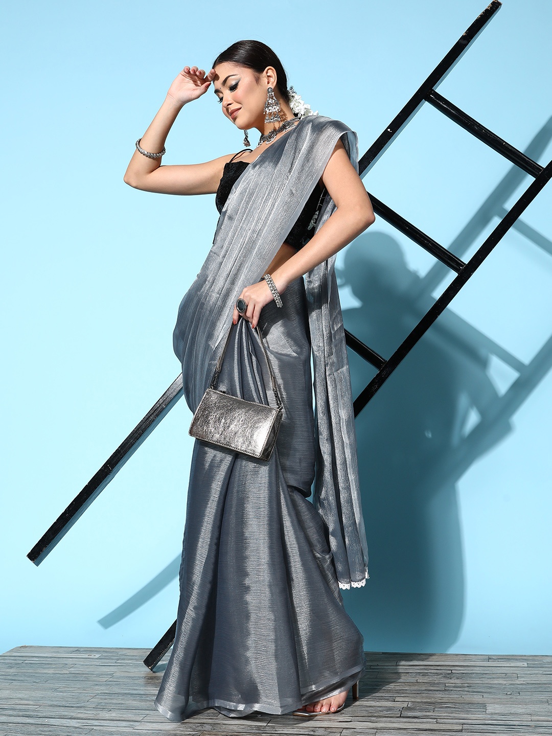 

Saree mall Solid Saree with Embellished border, Grey