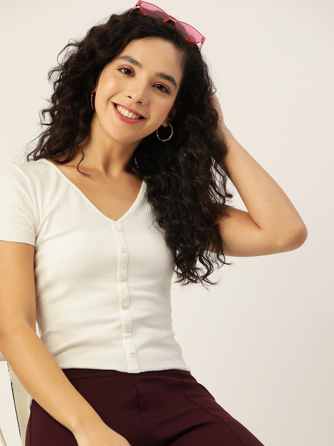

DressBerry White Self-Striped Top