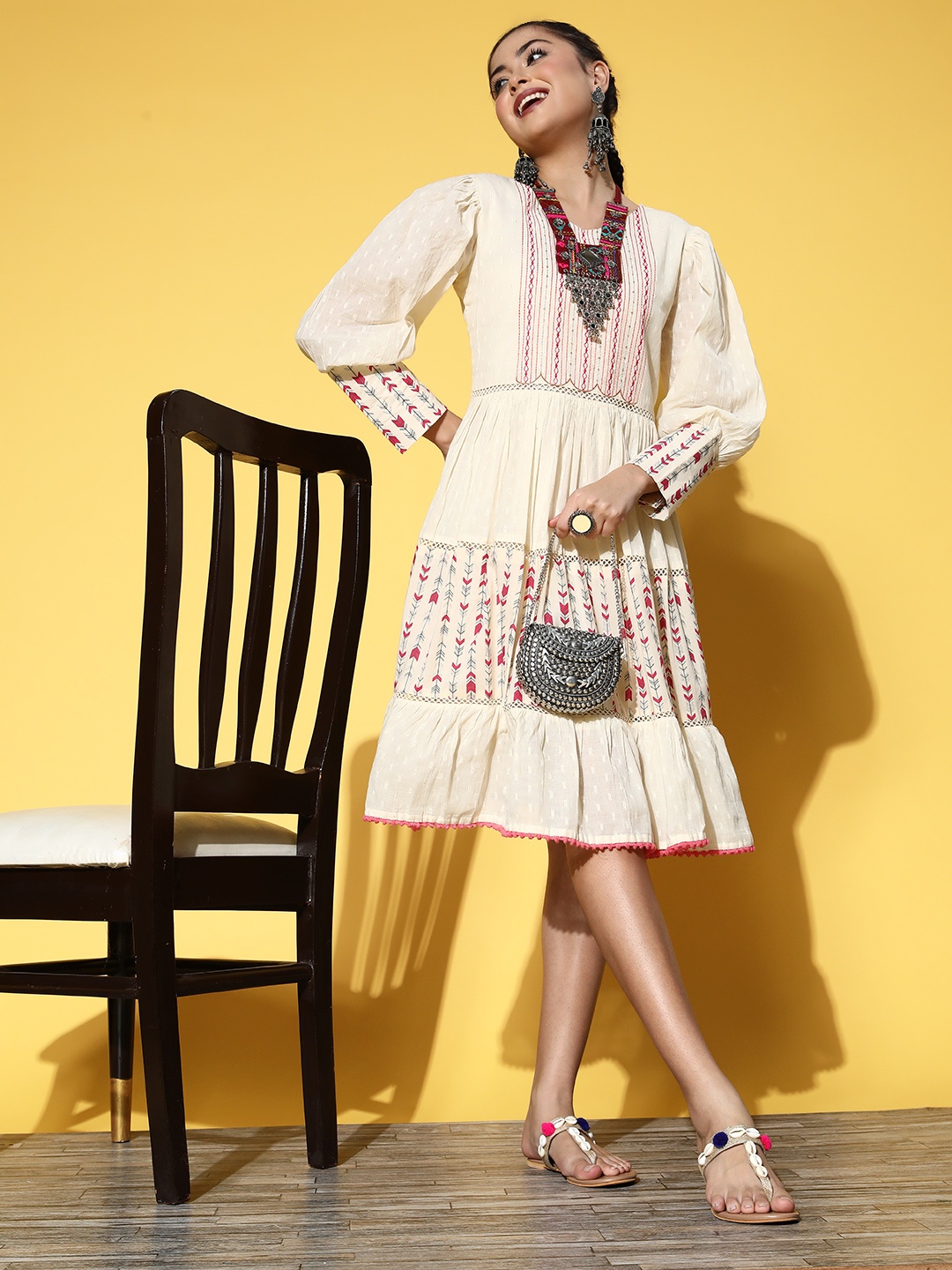 

RAJGRANTH Women Off-White Embroidered Once Upon a Sleeve Dress