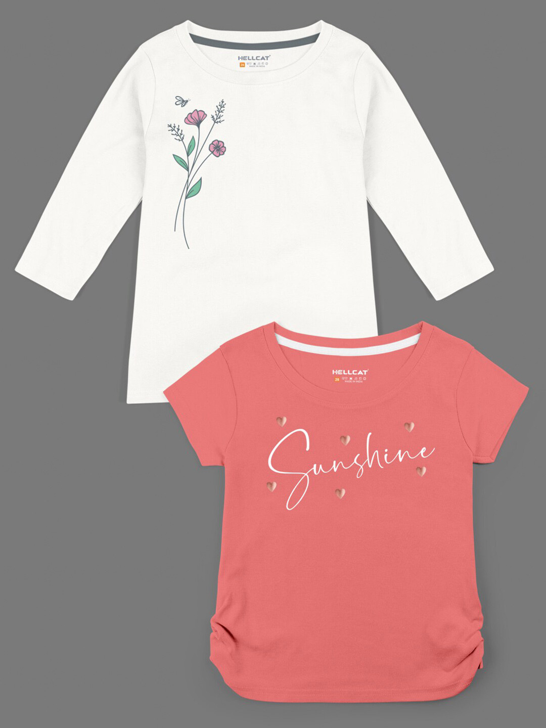 

HELLCAT Girls Set Of 2 Coral & White Typography Printed Bio Finish T-shirt