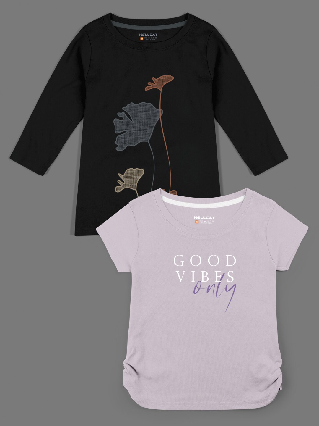 

HELLCAT Pack Of 2 Girls Black And Lavender Printed Bio Finish Raw Edge T-shirts