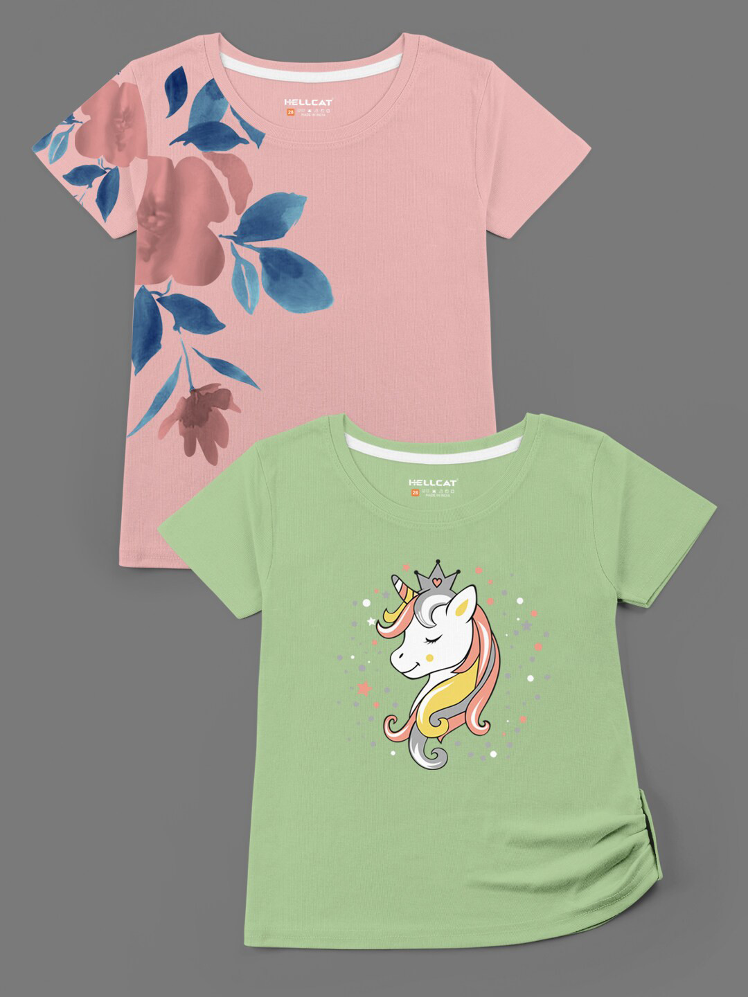 

HELLCAT Girls Peach-Coloured & Green 2 Printed Bio Finish T-shirt