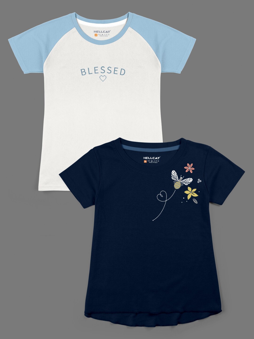 

HELLCAT Girls Navy Blue & Off White Pack Of 2 Printed Bio Finish T-shirt