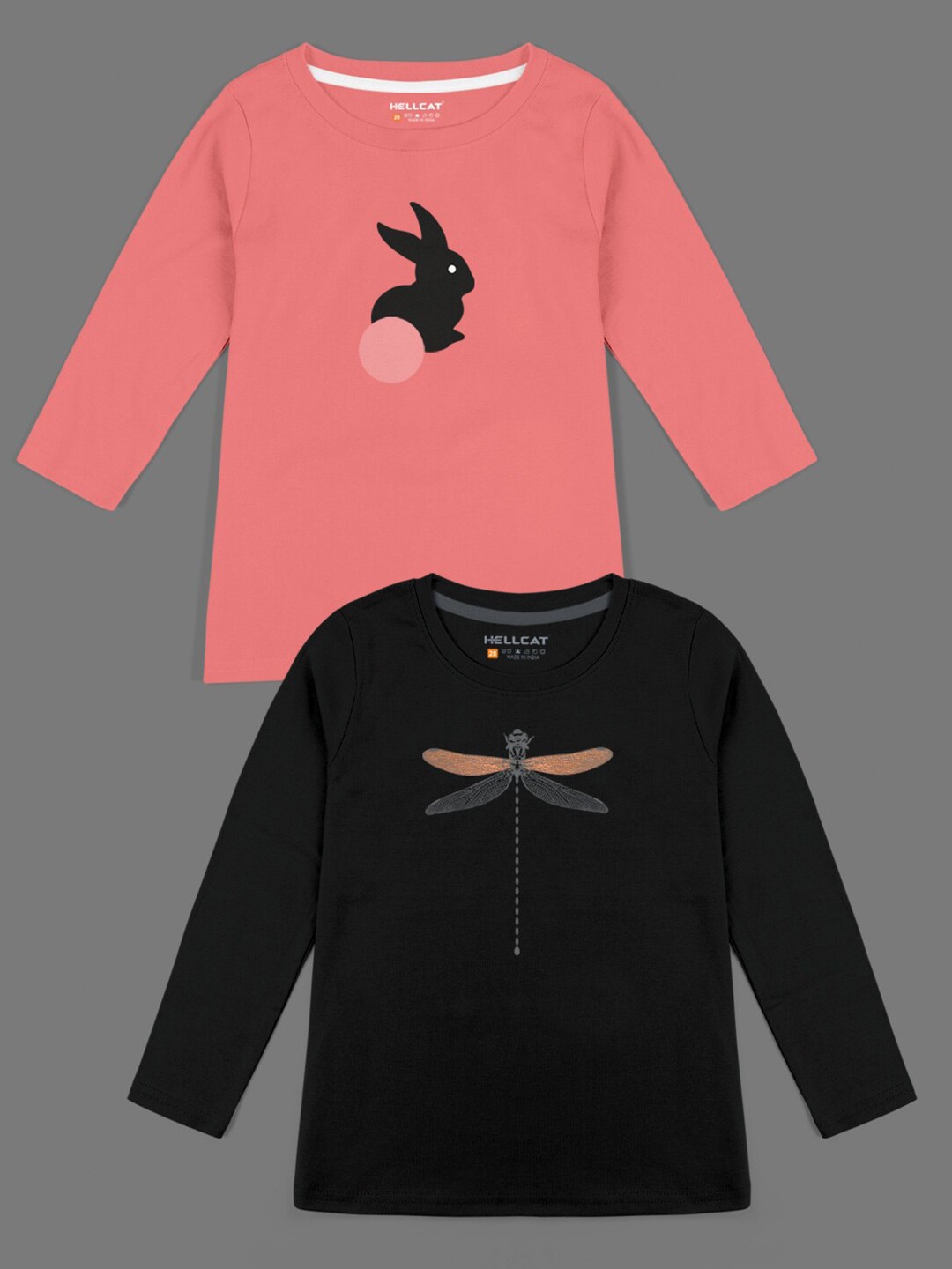 

HELLCAT Girls Pack Of 2 Coral & Black Printed Bio Finish T-shirt