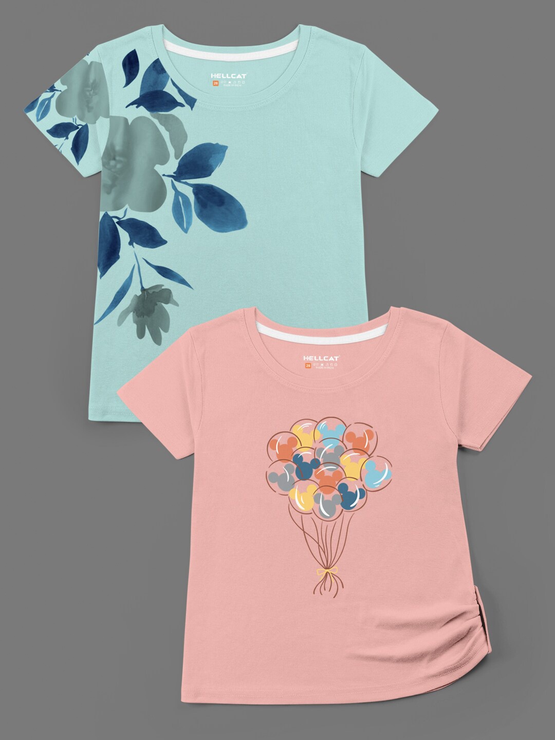 

HELLCAT Girls Peach & Sea Green Set Of 2 Printed Cotton T-shirt